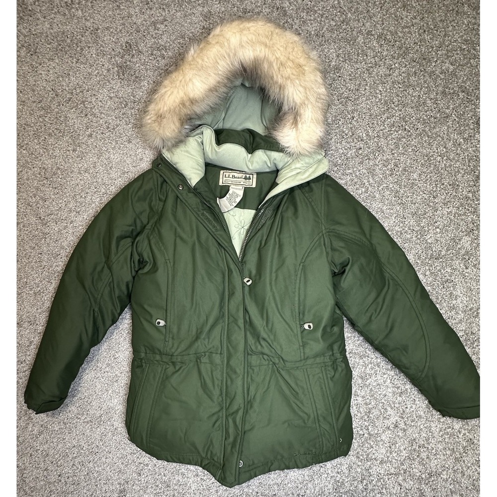 L.L.Bean Gore-Tex Goose Down Parka Coat Green Faux Fur Hood Women's XS Reg